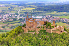 Hohenzollern Castle in the district Zimmern in Bisingen in the state Baden-Wuerttemberg, Germany from above