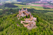 Drone recording of Hohenzollern Castle in the district Zimmern in Bisingen in the state Baden-Wuerttemberg, Germany