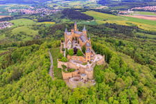 Drone image of Hohenzollern Castle in the district Zimmern in Bisingen in the state Baden-Wuerttemberg, Germany