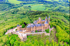 Aerial view of Hohenzollern Castle in the district Zimmern in Bisingen in the state Baden-Wuerttemberg, Germany