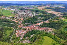 View of the town with the loops of the Eyach river from the east in Haigerloch in the state Baden-Wuerttemberg, Germany
