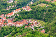 Aerial view of Castle Haigerloch, Castle Church of the Holy Trinity and Atomic Cellar Museum Haigerloch above the Eyach in Haigerloch in the state Baden-Wuerttemberg, Germany
