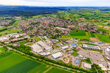 View of the town from the north behind the truck parking lot/resort Vöhringen in Vöhringen in the state Baden-Wuerttemberg, Germany