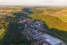 Aerial view of Rexroth, a Bosch Company in the Neckar Valley in Horb am Neckar in the state Baden-Wuerttemberg, Germany