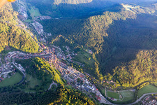 Location view of the streets and houses of residential areas in the valley landscape surrounded by mountains in Schiltach in the state Baden-Wurttemberg, Germany