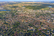 City overview from the northeast with freight yard in Offenburg in the state Baden-Wuerttemberg, Germany