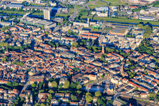 City overview from the northeast with Burda Media Park in Offenburg in the state Baden-Wuerttemberg, Germany