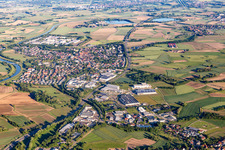 Aerial view of Village on the banks of the area of the Kinzig river - river course in Willstaett in the state Baden-Wurttemberg, Germany