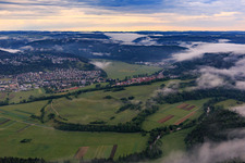 Danube Valley with morning mist in Fridingen an der Donau in the state Baden-Wuerttemberg, Germany
