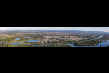 Panoramic perspective refinery equipment and management systems on the factory premises of the mineral oil manufacturers Mineraloelraffinerie Oberrhein in the district Knielingen in Karlsruhe in the state Baden-Wurttemberg