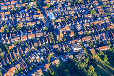 Aerial view of Evangelical Church Neureut North in the district Neureut in Karlsruhe in the state Baden-Wuerttemberg, Germany