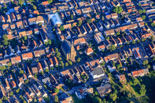 Aerial photograpy of Evangelical Church Neureut North in the district Neureut in Karlsruhe in the state Baden-Wuerttemberg, Germany