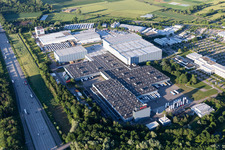 Buildings and production halls on the vehicle construction site Robert Bosch GmbH Auf of Breit in the district Durlach in Karlsruhe in the state Baden-Wurttemberg, Germany