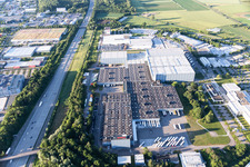 Aerial view of Buildings and production halls on the vehicle construction site Robert Bosch GmbH Auf of Breit in the district Durlach in Karlsruhe in the state Baden-Wurttemberg, Germany