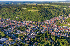 Oblique view of Town View of the streets and houses of the residential areas in Untergrombach in the state Baden-Wurttemberg, Germany
