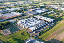 Aerial view of Buildings and production halls on the vehicle construction site of John Deere GmbH & Co. KG on John-Deere-Strasse in the district Untergrombach in Bruchsal in the state Baden-Wurttemberg, Germany