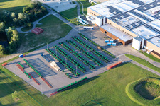 Aerial photograpy of Buildings and production halls on the vehicle construction site of John Deere GmbH & Co. KG on John-Deere-Strasse in the district Untergrombach in Bruchsal in the state Baden-Wurttemberg, Germany
