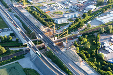 Aerial view of Construction site of the A5 motorway bridge over the railway tracks in the district Karlsdorf in Karlsdorf-Neuthard in the state Baden-Wuerttemberg, Germany