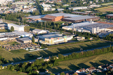 Aerial view of Building and production halls on the premises of Bernhard Zabler GmbH & Co. KG in Bruchsal in the state Baden-Wurttemberg, Germany