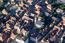 Aerial view of Church building in the village of in Pfaffenhoffen in Grand Est, France