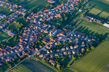 Aerial view of Church building in the village of in Schleithal in Grand Est, France