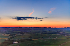Aerial view of Haardrand of the Palatinate Forest after sunset from the west in Klingenmünster in the state Rhineland-Palatinate, Germany