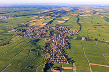 View of the wine-growing town between vineyards from the west in Edesheim in the state Rhineland-Palatinate, Germany