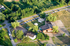 Oblique view of Reithof Trab eV therapeutic riding on Lake Constance in the district Wollmatingen in Konstanz in the state Baden-Wuerttemberg, Germany