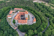 Aerial view of Wachsenburg Castle in the district Holzhausen in Amt Wachsenburg in the state Thuringia, Germany