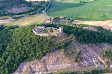 Ruins and vestiges of the former castle and fortress Burg Gleichen on Thomas-Muentzer-Strasse in the district Wandersleben in Drei Gleichen in the state Thuringia, Germany from above