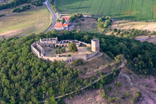 Ruins and remains of the walls of the former castle and fortress Mühlburg in the district Mühlberg in Drei Gleichen in the state Thuringia, Germany from above