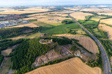 Ruins and vestiges of the former castle and fortress Burg Gleichen on Thomas-Muentzer-Strasse in the district Wandersleben in Drei Gleichen in the state Thuringia, Germany out of the air