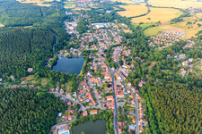 View of the town from the southwest with Hammerteich in Georgenthal in the state Thuringia, Germany