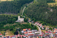 Aerial view of Castle ruins Liebenstein in the district Liebenstein in Geratal in the state Thuringia, Germany