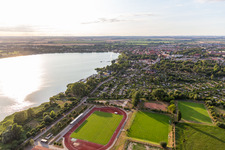 Aerial view of Uckerstadion on the Uckersee in Prenzlau in the state Brandenburg, Germany