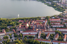 Lakeside promenade and St. Nikolai (monastery church) in Prenzlau in the state Brandenburg, Germany