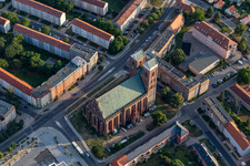 Aerial view of Church building of the cathedral of Maria in Prenzlau in the state Brandenburg, Germany