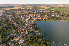 City view from the west with B109 and Badestraße on the shore of the Unteruckersee in Prenzlau in the state Brandenburg, Germany