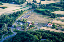 Aerial view of Reithof Trab eV therapeutic riding on Lake Constance in the district Wollmatingen in Konstanz in the state Baden-Wuerttemberg, Germany