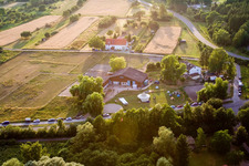 Bird's eye view of Reithof Trab eV therapeutic riding on Lake Constance in the district Wollmatingen in Konstanz in the state Baden-Wuerttemberg, Germany