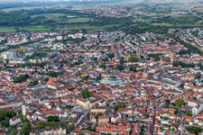 City overview on both sides of the railway from the north in Speyer in the state Rhineland-Palatinate, Germany