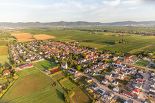 Castle church and football pitch of SV Böbingen 1958 from the east in Altdorf in the state Rhineland-Palatinate, Germany