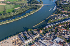 Pleasure boat marina with docks and moorings on the shore area of alten Hafen on Rhein in Speyer in the state Rhineland-Palatinate, Germany out of the air