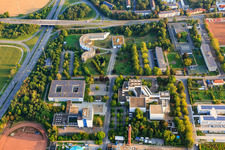 Aerial view of Otto-Mayer-Straße with Otto Mayer Guesthouse, Rhineland-Palatinate State Institute for Education, Rhineland-Palatinate State Library Centre / Palatinate State Library and Circus Bellissima in Speyer in the state Rhineland-Palatinate, Germany