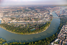 Parkinsel Stadtpark am Rhein with tents of the Ludwigshafen German Film Festival in the district Süd in Ludwigshafen am Rhein in the state Rhineland-Palatinate, Germany