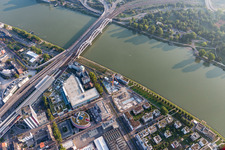 Aerial view of River - bridge construction of the Konrad-Adenauer-bridge for railway and the B37 crossing the Rhine in Ludwigshafen am Rhein in the state Rhineland-Palatinate, Germany
