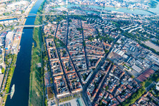 Aerial view of District Neckarstadt-West between old rhine and Neckar river in Mannheim in the state Baden-Wurttemberg, Germany