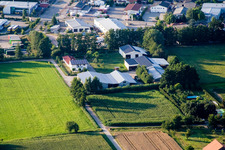 Aerial view of In the Rötzwiesen, farm of the Kerth family in the district Minderslachen in Kandel in the state Rhineland-Palatinate, Germany