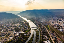 Aerial view of 2 2 River - bridges and 2 sluices crossing the Neckar in Heidelberg in the state Baden-Wurttemberg, Germany