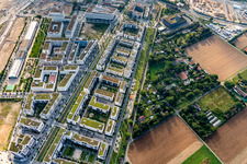 Residential area of the multi-family house settlement on Marie-Baum-Strasse - Gruene Meile - Eppelheimer Strasse in the district Bahnstadt in Heidelberg in the state Baden-Wurttemberg, Germany